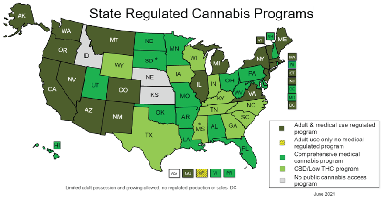 US map of state regulated cannabis programs